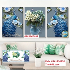 Tranh đính đá cao cấp bộ 3 Chim công và hoa Y8186 150x70cm