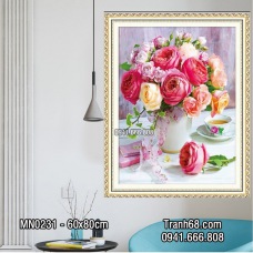 Tranh thêu chữ thập Bình Hoa Hồng ,thêu kín toàn bộ MN0231 kích cỡ: 60x80cm
